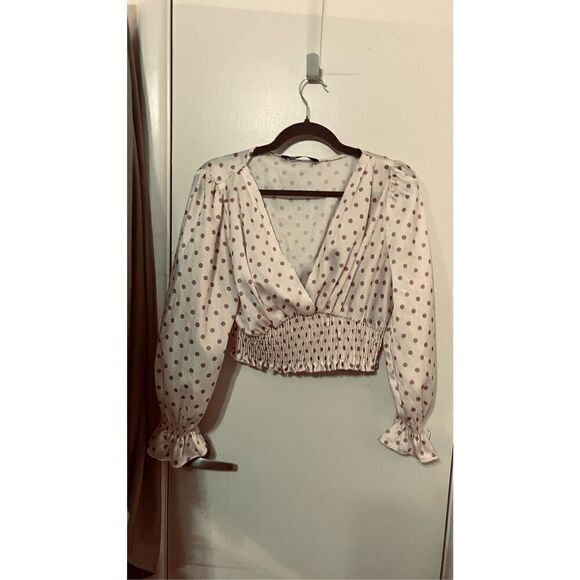 ZARA PURPLE POLKA DOT LONG SLEEVE CROP TOP SIZE L - Picture 2 of 10